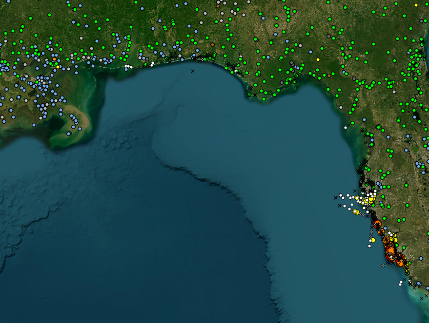 HABSOS foundation layer (U.S. river streamflow) screenshot, showing data off the coasts of Florida, Alabama, Mississippi and Louisiana.